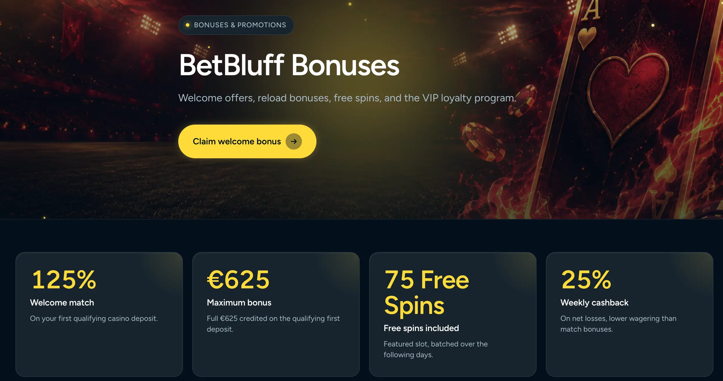 Betbluff Casino — 100% Welcome Bonus up to £500 plus Cashback, reloads & daily challenges